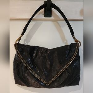 Matt And Nat Black Envelope Style Shoulder Bag, Wet Suede‎ Look, Chunky Hardware